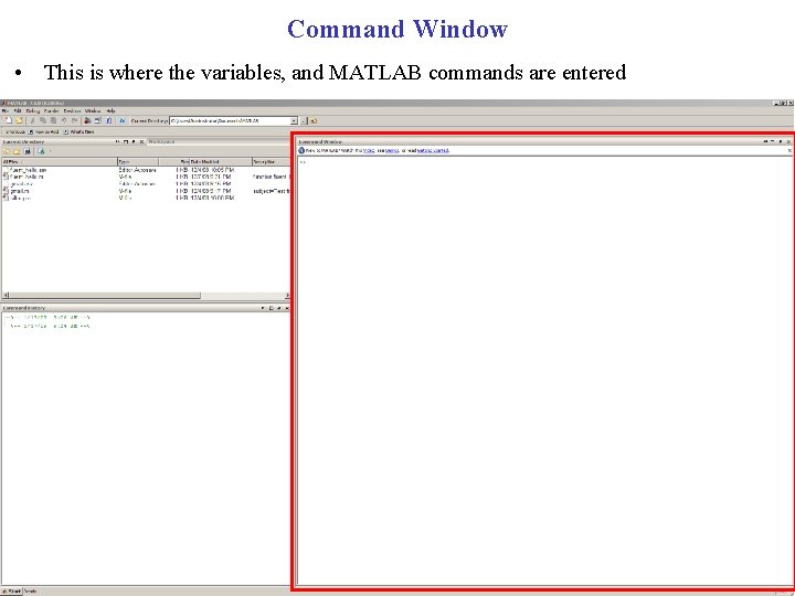 Command Window • This is where the variables, and MATLAB commands are entered 