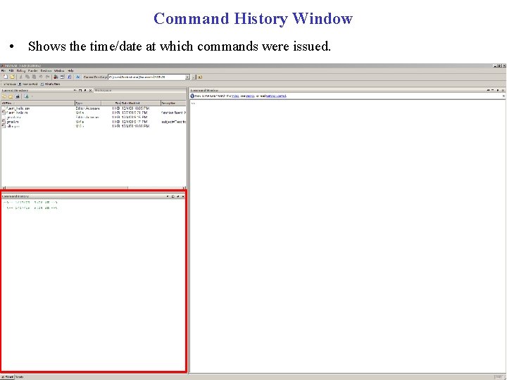 Command History Window • Shows the time/date at which commands were issued. 