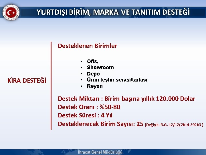 YURTDIŞI BİRİM, MARKA VE TANITIM DESTEĞİ Desteklenen Birimler KİRA DESTEĞİ • • • Ofis,