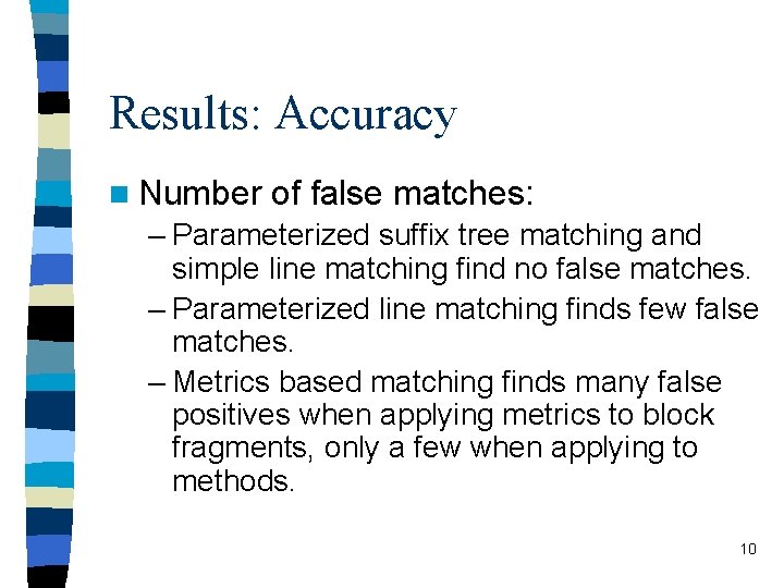 Results: Accuracy n Number of false matches: – Parameterized suffix tree matching and simple