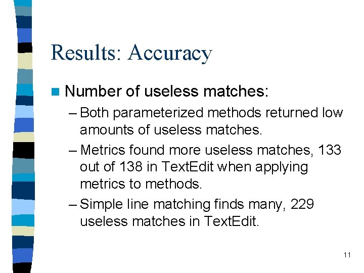 Results: Accuracy n Number of useless matches: – Both parameterized methods returned low amounts