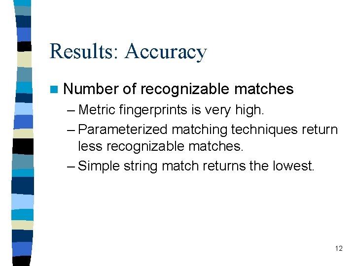 Results: Accuracy n Number of recognizable matches – Metric fingerprints is very high. –