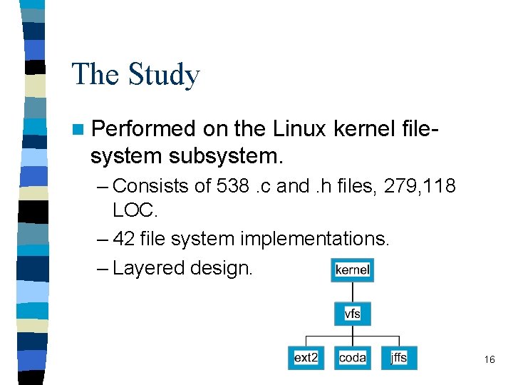 The Study n Performed on the Linux kernel filesystem subsystem. – Consists of 538.