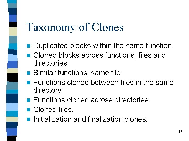 Taxonomy of Clones n n n n Duplicated blocks within the same function. Cloned