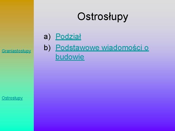 Ostrosłupy Graniastosłupy Ostrosłupy a) Podział b) Podstawowe wiadomości o budowie 