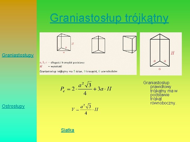 Graniastosłup trójkątny Graniastosłup prawidłowy trójkątny ma w podstawie trójkąt równoboczny. Ostrosłupy Siatka 