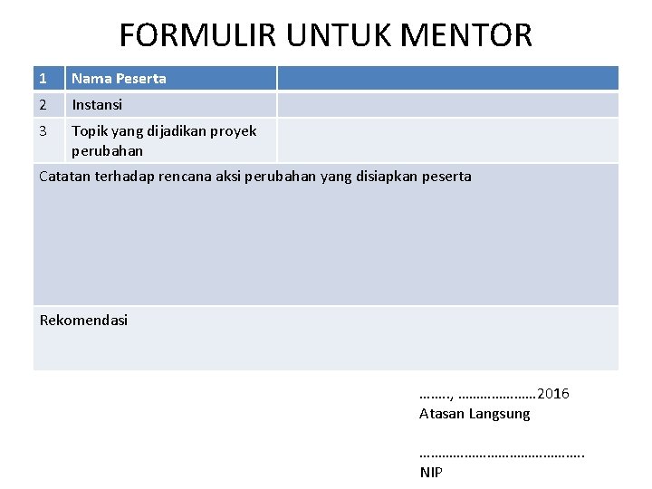FORMULIR UNTUK MENTOR 1 Nama Peserta 2 Instansi 3 Topik yang dijadikan proyek perubahan
