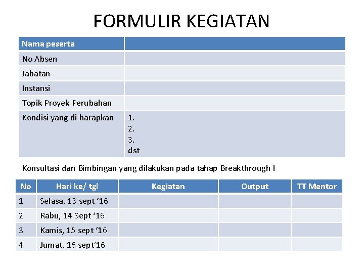 FORMULIR KEGIATAN Nama peserta No Absen Jabatan Instansi Topik Proyek Perubahan Kondisi yang di