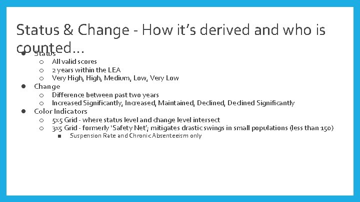 Status & Change - How it’s derived and who is counted. . . ●