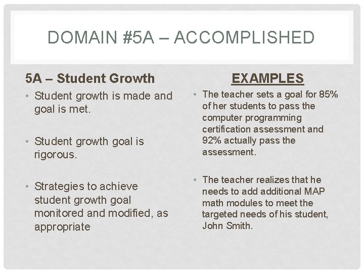 DOMAIN #5 A – ACCOMPLISHED 5 A – Student Growth EXAMPLES • Student growth
