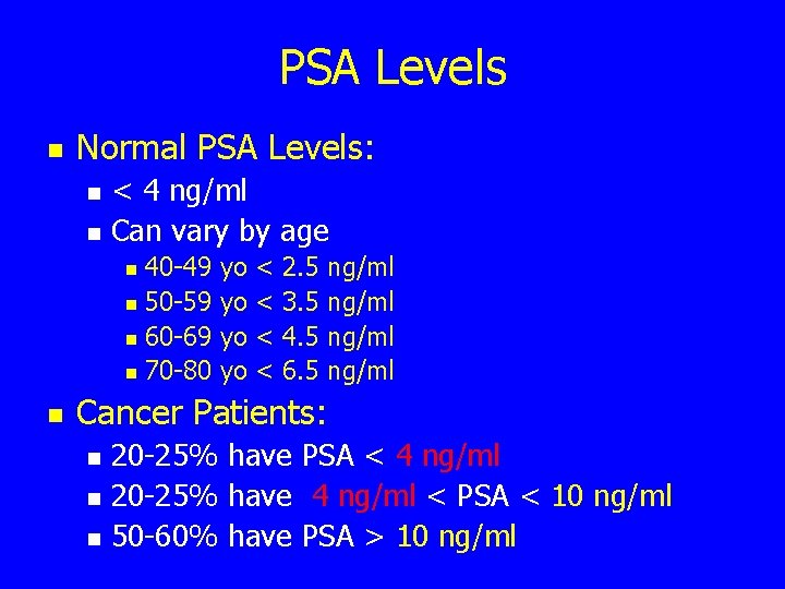PSA Levels n Normal PSA Levels: n n < 4 ng/ml Can vary by