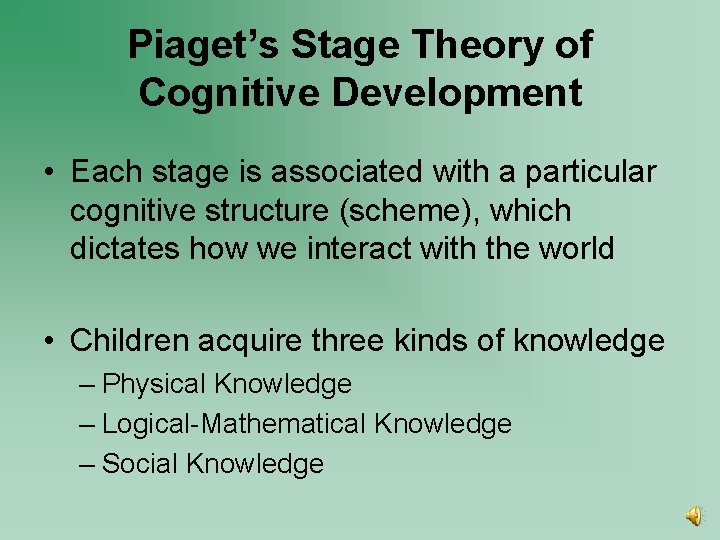 Piaget’s Stage Theory of Cognitive Development • Each stage is associated with a particular