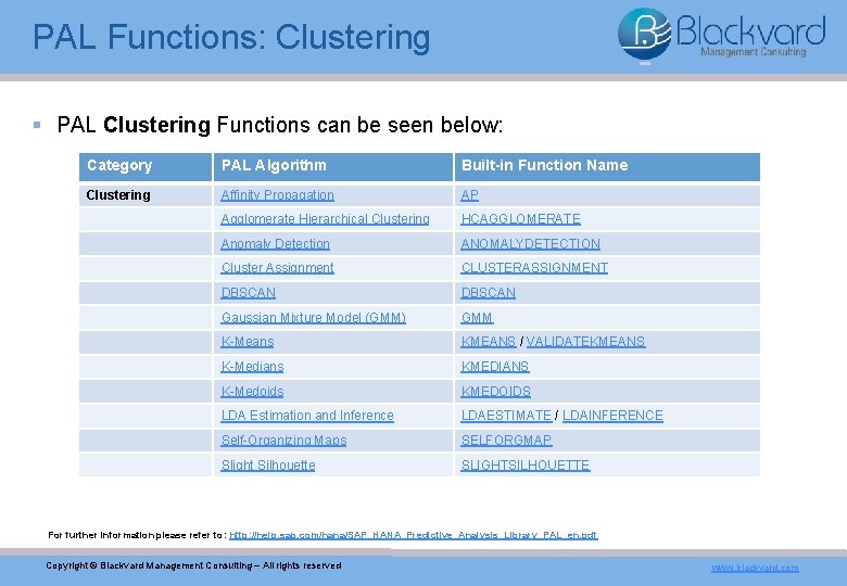 PAL Functions: Clustering § PAL Clustering Functions can be seen below: Category PAL Algorithm