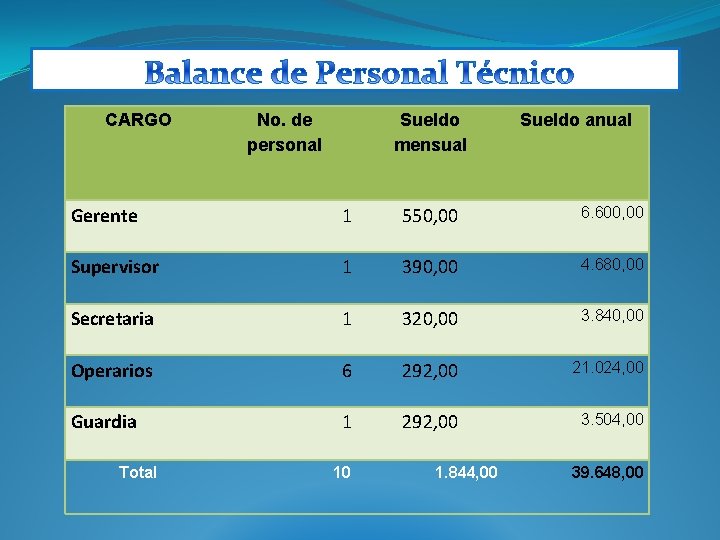  CARGO No. de personal Sueldo mensual Sueldo anual Gerente 1 550, 00 6.