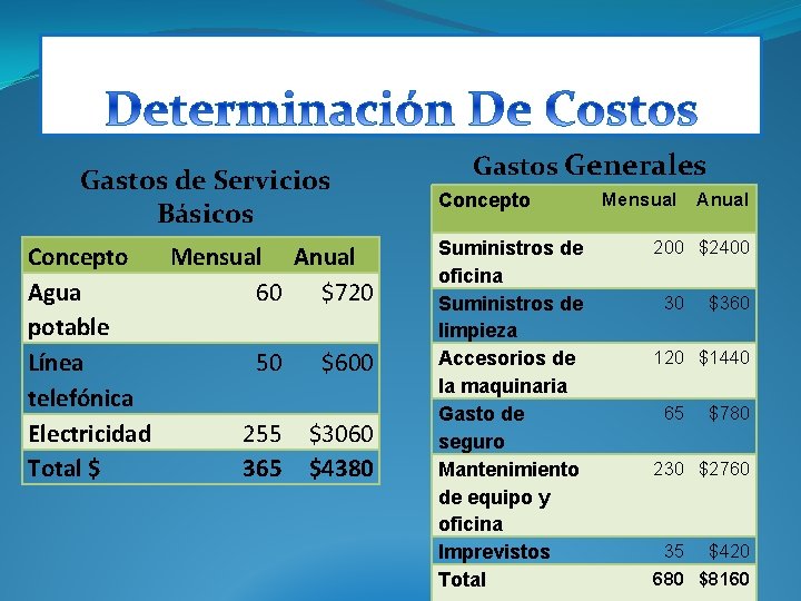 Gastos de Servicios Básicos Concepto Mensual Anual Agua 60 $720 potable Línea 50 $600