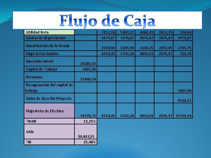  Utilidad Neta Gastos de depreciación Amortización de la deuda Flujo del accionista 7252,