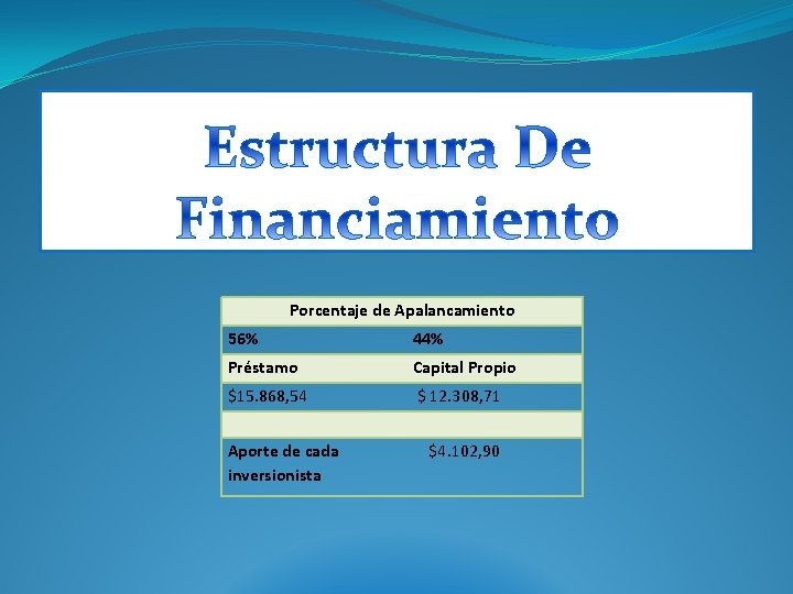 Porcentaje de Apalancamiento 56% 44% Préstamo Capital Propio $15. 868, 54 $ 12. 308,