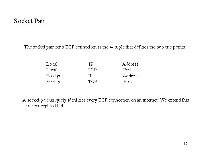 Socket Pair The socket pair for a TCP connection is the 4 - tuple