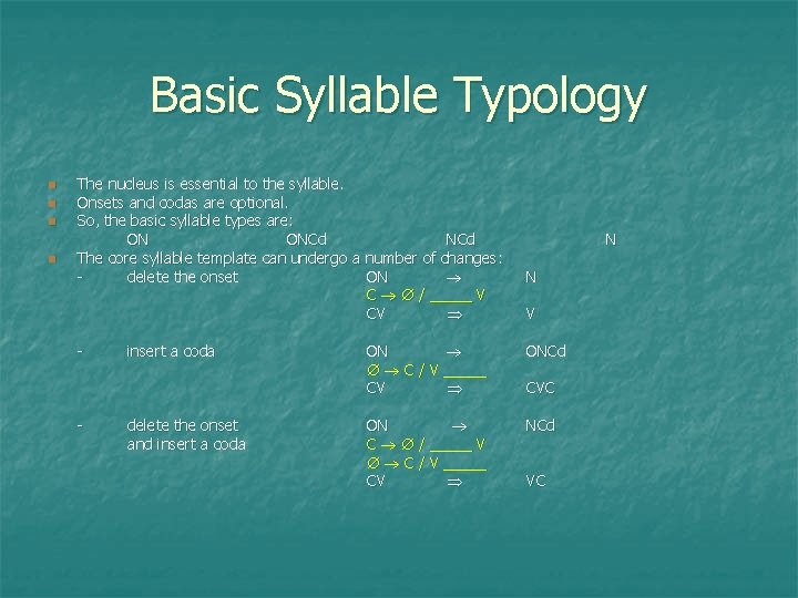 Basic Syllable Typology The nucleus is essential to the syllable. Onsets and codas are