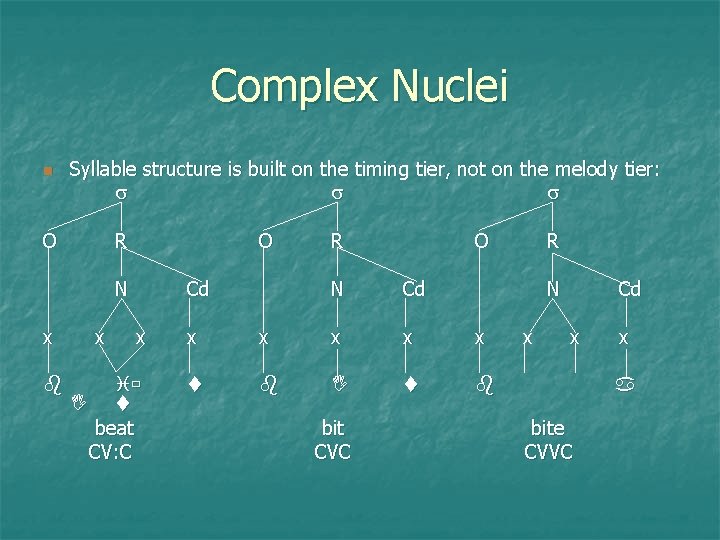 Complex Nuclei Syllable structure is built on the timing tier, not on the melody