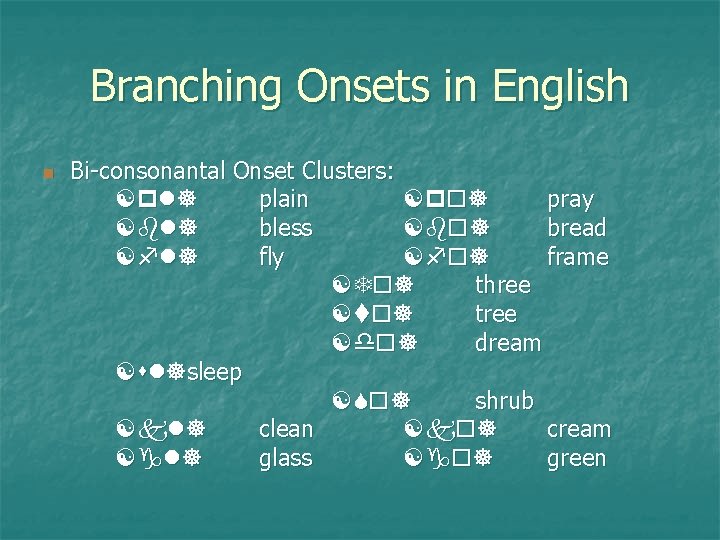 Branching Onsets in English Bi-consonantal Onset Clusters: [ ] plain [ ] pray [