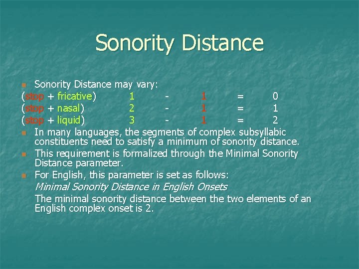 Sonority Distance may vary: (stop + fricative) 1 1 = 0 (stop + nasal)