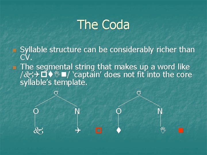 The Coda Syllable structure can be considerably richer than CV. The segmental string that