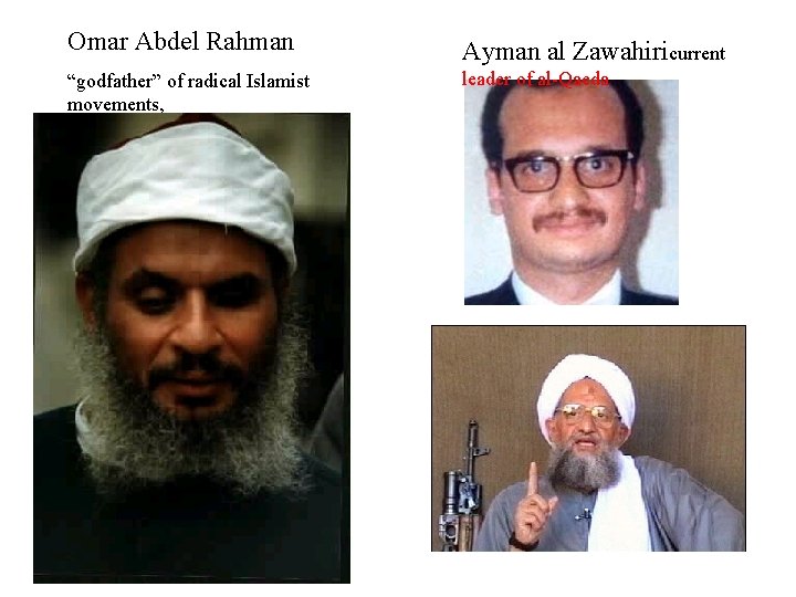 Omar Abdel Rahman “godfather” of radical Islamist movements, Ayman al Zawahiricurrent leader of al-Qaeda