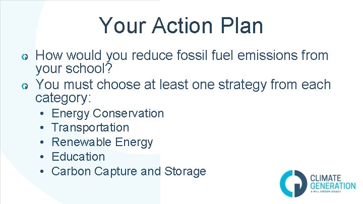 Your Action Plan How would you reduce fossil fuel emissions from your school? You