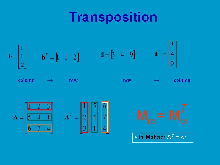 Transposition column → row → column T Mrc = Mcr • In Matlab: AT