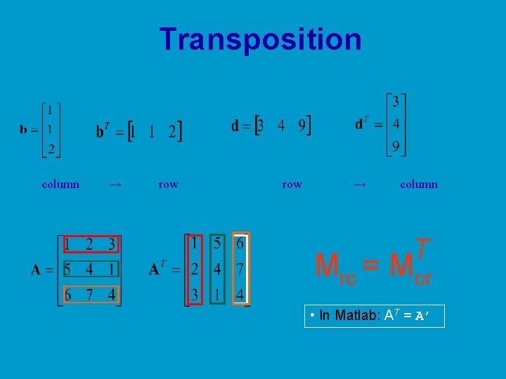 Transposition column → row → column T Mrc = Mcr • In Matlab: AT Transposition column → row → column T Mrc = Mcr • In Matlab: AT