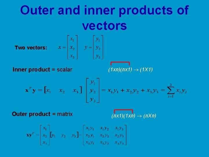 Outer and inner products of vectors Two vectors: Inner product = scalar Outer product