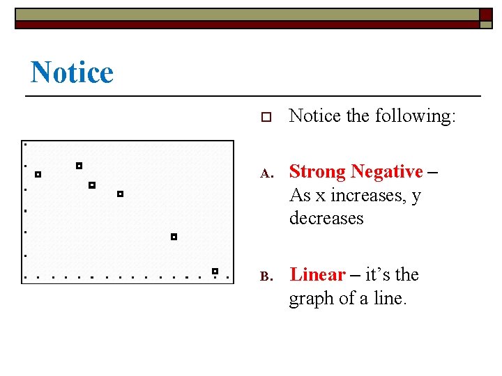 Notice o Notice the following: A. Strong Negative – As x increases, y decreases