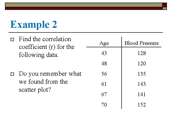 Example 2 o o Find the correlation coefficient (r) for the following data. Do