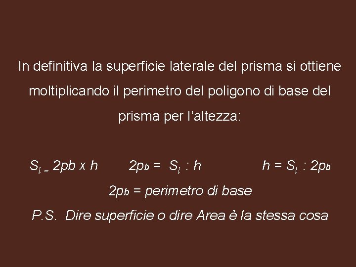 In definitiva la superficie laterale del prisma si ottiene moltiplicando il perimetro del poligono