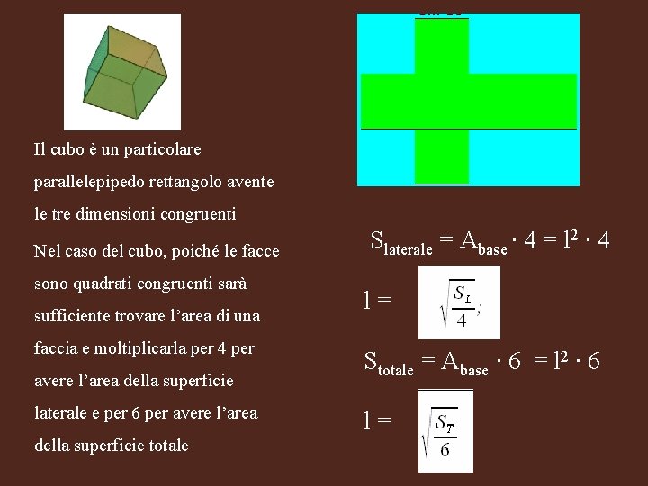Il cubo è un particolare parallelepipedo rettangolo avente le tre dimensioni congruenti Nel caso