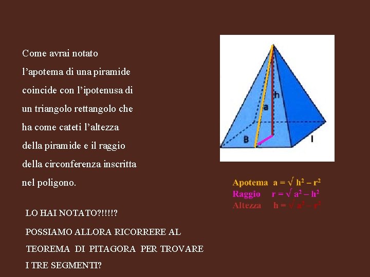 Come avrai notato l’apotema di una piramide coincide con l’ipotenusa di un triangolo rettangolo