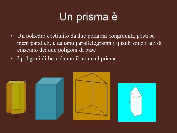 Un prisma è • Un poliedro costituito da due poligoni congruenti, posti su piani