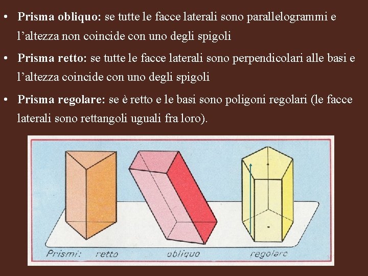  • Prisma obliquo: se tutte le facce laterali sono parallelogrammi e l’altezza non