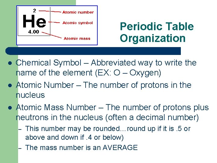 Periodic Table Organization l l l Chemical Symbol – Abbreviated way to write the