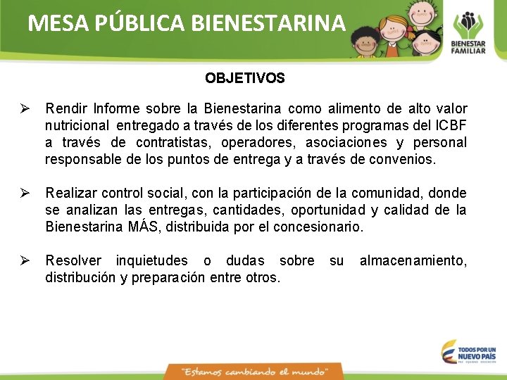 MESA PÚBLICA BIENESTARINA OBJETIVOS Ø Rendir Informe sobre la Bienestarina como alimento de alto