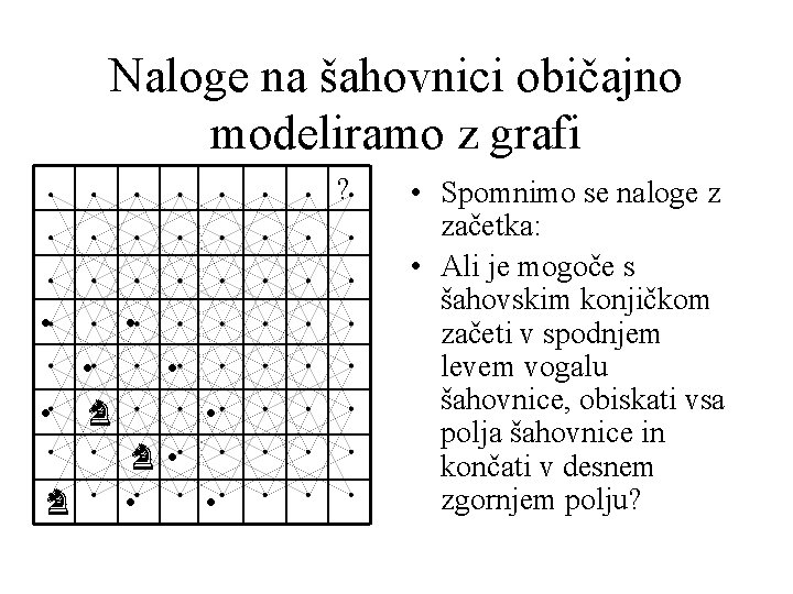 Naloge na šahovnici običajno modeliramo z grafi ? • • ♞ • • Spomnimo