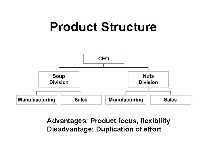 Product Structure Advantages: Product focus, flexibility Disadvantage: Duplication of effort 