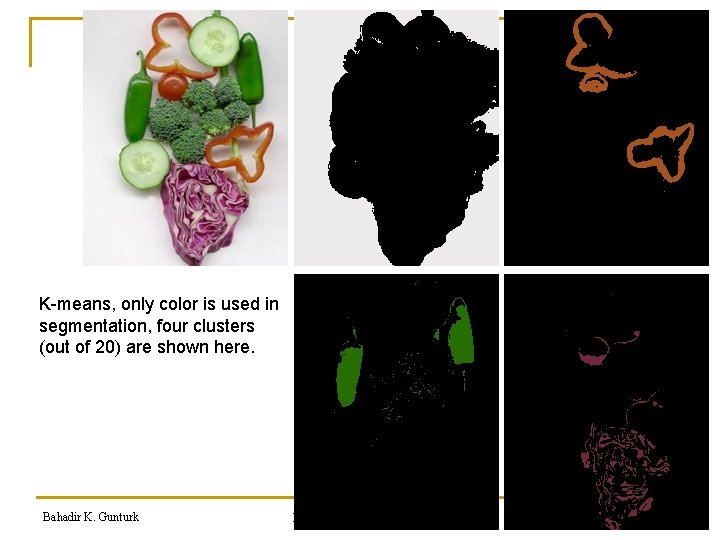 K-means, only color is used in segmentation, four clusters (out of 20) are shown