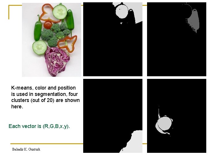 K-means, color and position is used in segmentation, four clusters (out of 20) are