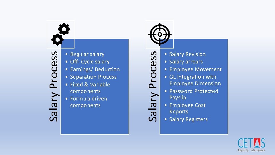 Regular salary Off- Cycle salary Earnings/ Deduction Separation Process Fixed & Variable components •