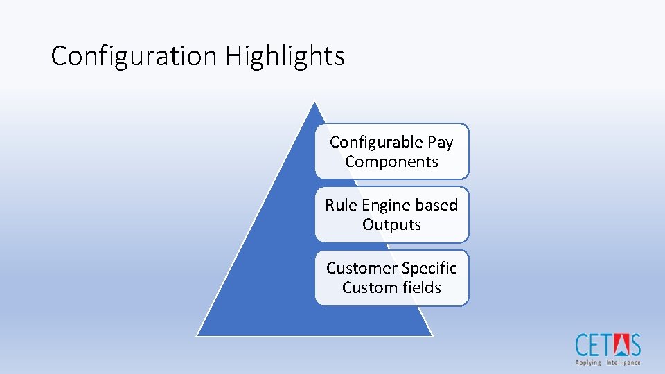 Configuration Highlights Configurable Pay Components Rule Engine based Outputs Customer Specific Custom fields 