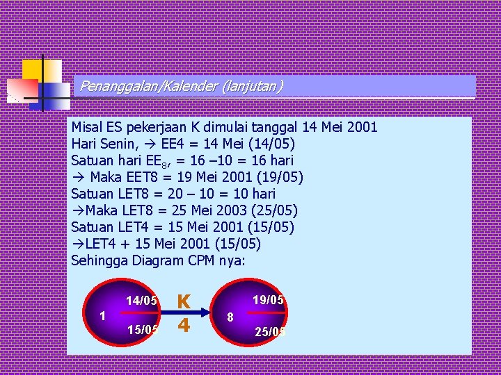 Penanggalan/Kalender (lanjutan) Misal ES pekerjaan K dimulai tanggal 14 Mei 2001 Hari Senin, EE