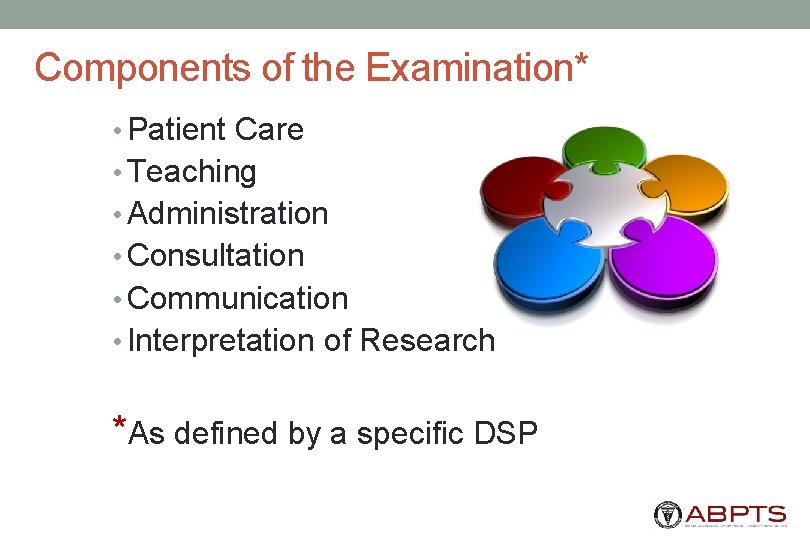 Components of the Examination* • Patient Care • Teaching • Administration • Consultation •