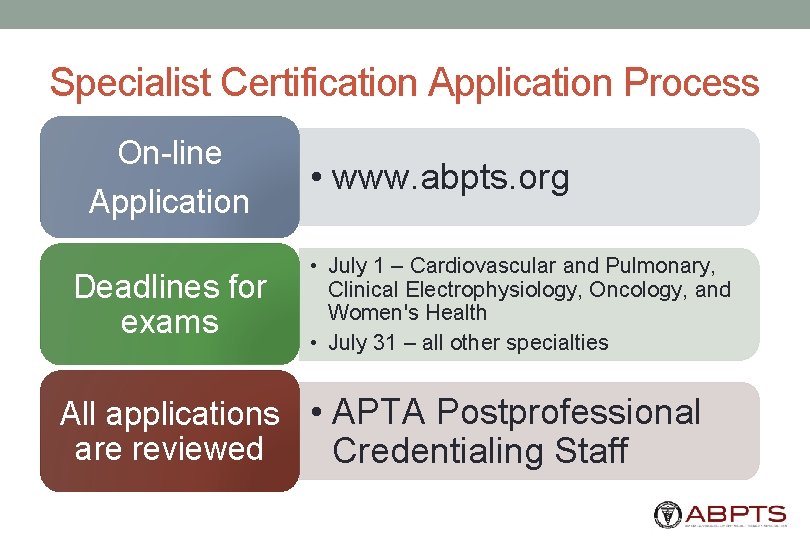 Specialist Certification Application Process On-line Application Deadlines for exams • www. abpts. org •